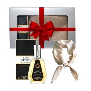 Set Elysa – Apa de Parfum Classy Chic Girl Fragrance World 50ml, Esarfa satinata crem