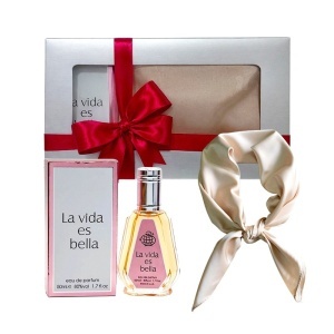 Set Elysa – Apa de Parfum La Vida es Bella Fragrance World 50ml, Esarfa satinata crem