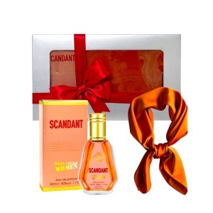 Set Elysa – Parfum Fragrance World Scandant Belle Celine Women 50ml, Esarfa satinata portocalie