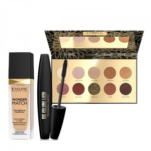 Set Eveline paleta machiaje Spicy Cocoa 10 culori, Mascara Big Volume Lash, Fond de ten Wonder Match - Img 2