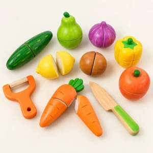 Set fructe si legume de taiat din lemn pentru copii, 12 piese, cutit si curatator, multicolor, 3+ ani - Img 4