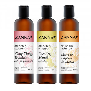 Set Gel de dus Relaxant cu Ylang-Ylang si Bergamota, Gel de dus Vitalizant cu Eucalipt si Pin, Gel de dus Hranitor cu Miere si Laptisor de Matca, 250ml Zanna - Img 2