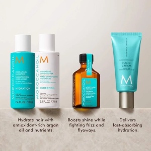 Set Hydration Essentials, Moroccanoil, Șampon 70ml, Balsam 70 ml, Crema de maini 40 ml, Tratament ulei de par pentru toate tipurile de par 25ml 
