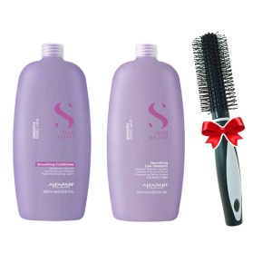 Set pentru netezire Alfaparf Milano Semi Di Lino Smoothing Sampon 1000 ml + Balsam 1000 ml + Perie rotunda