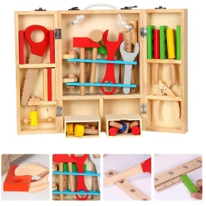Trusa de scule din lemn pentru copii – set educativ cu unelte colorate, 3+ ani