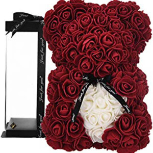 Ursulet floral 25 cm decorat manual cu trandafiri spuma, cu inima in cutie, bordo