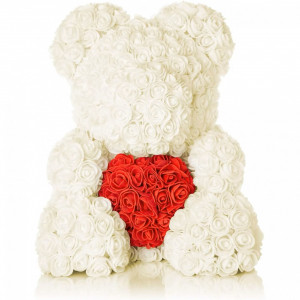 Ursulet floral alb cu inimioara rosie decorat manual cu trandafiri spuma 40 cm