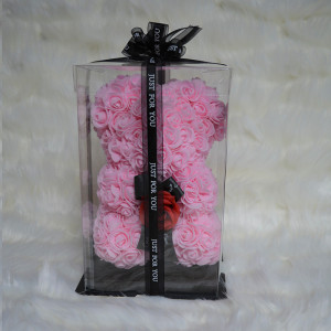 Ursulet floral roz cu trandafir rosu 25 cm, decorat manual, cutie cadou - Img 2