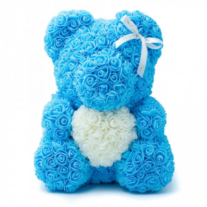 Ursulet Rose Bear din Trandafiri de spuma cu inima, in cutie cu funda, 40 cm, bleu