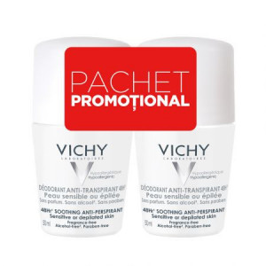 Pachet Vichy Deodorant roll-on antiperspirant fara parfum 48h, 50 ml + 50 ml,Pachet Deodorant roll-on antiperspirant fara parfum 48h, 50 ml + 50 ml