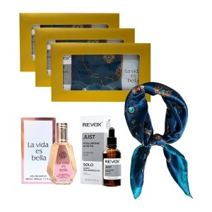 3 x Set Elysa - Apa de Parfum La Vida es Bella 50ml Femei, Ser Revox Hyaluronic Acid 5% 30ml, Esarfa