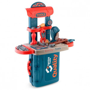 Atelier pentru copii, din plastic, tip valiza, numeroase accesorii, cheie, ciocan, fierastrau, suruburi, surubelnite si benzi de bricolaj