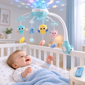 Carusel muzical pentru patut cu proiector, lumina de veghe, telecomanda si figurine rotative, albastru, 0 luni+ - Img 3