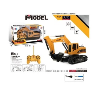 Excavator cu telecomanda pentru copii, scara 1.24, 6 functii, lumini si sunete, baterie reincarcabila 