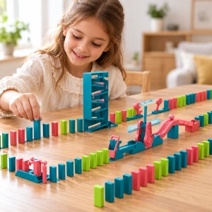 Joc Domino cu bile si reactie in lant, 120 piese domino, turn si rampe, multicolor - Img 3