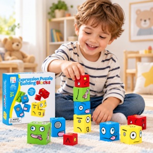 Joc educativ cu cuburi Expression Puzzle, potrivire expresii faciale, 3+ ani - Img 2