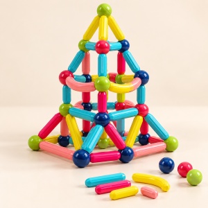 Joc educativ magnetic cu 64 de piese pentru constructii 3D, tije, bile colorate si cutie de depozitare cu maner, 3+ ani - Img 3