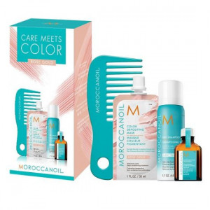 Moroccanoil Care Meets Color Rose Gold: Masca de par nuantatoare, 30ml + Ulei de par tratament Light, 15ml + Sampon uscat Light, 62ml + Pieptene cu dinti rari pentru aplicarea mastii