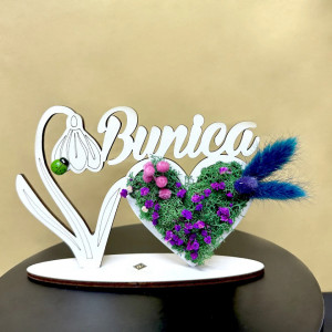 Ornament din lemn Draw Me, ce poate fi personalizat cromatic, cu tematica individuala (Bunica), licheni stabilizati si imortele, Albastru