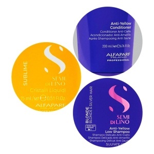 Pachet Alfaparf Semi di Lino Blonde pentru neutralizarea tonurilor de galben, Sampon 250 ml + Balsam 200ml + Ulei iluminator Cristalli Liquidi 15 ml