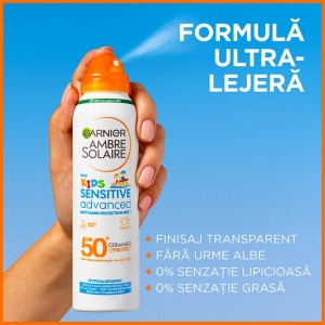 Pachet Garnier Ambre Solaire – Spray protectie solara adulti SPF 50 200 ml + Spray protectie solara copii SPF 50 200 ml + Spray aftersun hidratant, 200 ml