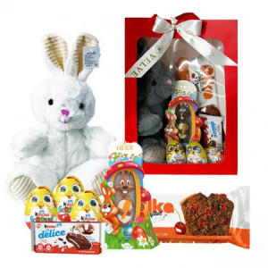 Pachet GiftDay , Iepuras de plus alb 31cm, Prajitura Casei Alka 350g, Iepuras de ciocolata Heidi 45g, Kinder delice si trei oua Kinder Surprise in punga cadou