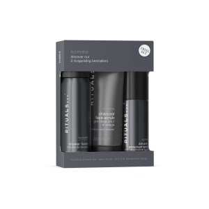 Pachet Rituals Homme – Scrub facial cu carbune, 70 ml + Spuma de dus, 50 ml + Spray antiperspirant 24h, 50 ml