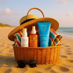 Pachet Vichy Capital Soleil – Fluid protectie solara UV-Age Daily SPF 50+, 40 ml + Apa solara protectoare SPF 50 cu beta-caroten, 200 ml + Lapte after sun calmant, 300 ml