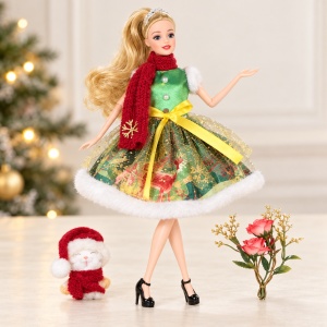 Papusa de Craciun cu rochie verde, Mos Craciun si accesorii, 30 cm, 3 ani+