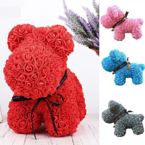 Rose Puppy - Catelus floral 40 cm decorat manual cu trandafiri spuma in cutie