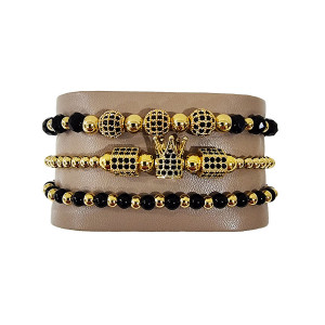 Set 3 bratari Iconic din otel inoxidabil, onix si zirconiu, Unisex, gold - Img 2