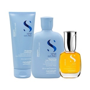 Set Alfaparf Semi di Lino Density Thickening, Sampon 250 ml + Balsam 200 ml + Ulei iluminator Cristalli Liquidi 15 ml