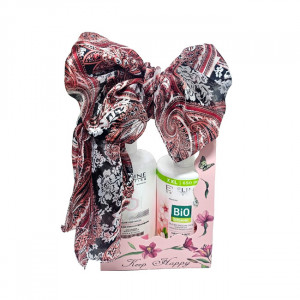 Set cadou Balsam de corp Eveline Cosmetics Bio Organic cu ulei de migdale, 650 ml + Emulsie de corp pentru piele normala si uscata 6 Ceramides, 350 ml + Esarfa