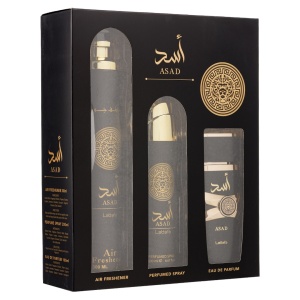 Set cadou Lattafa Asad, Barbati, Apa de Parfum, 100ml + Deo Spray, 200ml + Odorizant camera, 300 ml