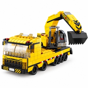 Set de constructie 6 in 1, camion cu excavator, 1000 piese, 28 cm, 6+ ani