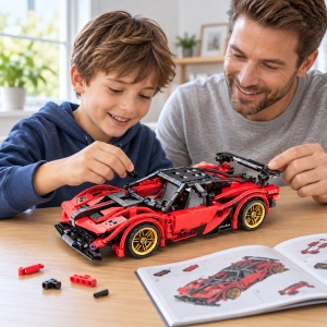 Set de constructie Supercar rosu, 482 piese, mecanism pull-back, scara 1:18, 6 ani+ - Img 2