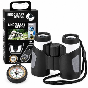 Set de explorare pentru copii cu binoclu, busola si snur de purtare, negru-alb, 6 ani+