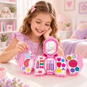 Set de infrumusetare pentru fete in gentuta tip funda, cu oglinda si cosmetice, roz - Img 3