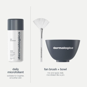 Set Dermalogica Smooth + Brighten Pudra exfolianta Daily Microfoliant, 74 g + Pensula Multi Face Masque Fan + Bol de mixare din plastic, gri 
