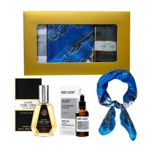 Set Elysa – Parfum Classy Chic Girl 50ml, Ser Revox Hyaluronic Acid 5% 30ml, Esarfa albastra