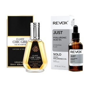 Set Cadou Elysa – Ser Revox Hyaluronic Acid 5% 30ml, Parfum Classy Chic Girl 50ml, Esarfa