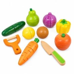 Set fructe si legume de taiat din lemn pentru copii, 12 piese, cutit si curatator, multicolor, 3+ ani