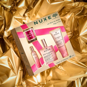 Set Happy in Pink Nuxe, Apa de Parfum Prodigieux Floral Le Parfum, 15 ml Miniatura +  Lumanare Parfumata, 70 g + Gel de Dus pentru Toate Tipurile de Piele, 100 ml + Ulei Multifunctional pentru Fata, Corp si Par, 100 ml 
