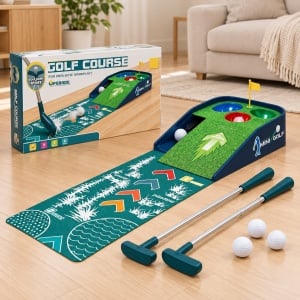 Set mini golf pentru copii, 2 crose reglabile, 3 mingi, covoras si rampa cu 3 tinte, 3 ani+ - Img 4