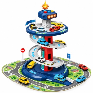 Set parcare supraetajata pentru copii, 3 niveluri, lumini si sunete, covoras si 3 masinute, 26 piese, Multicolor