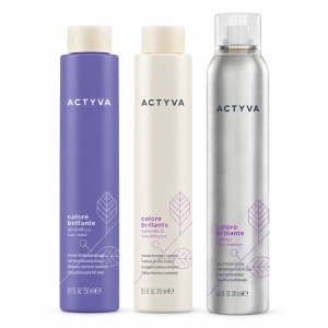 Set pentru par vopsit Kemon Actyva Colore Brillante, Sampon 250 ml + Sampon 250 ml + Spray 200 ml