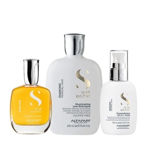 Set pentru stralucire Alfaparf Semi Di Lino Diamond Iluminating cu Sampon 250 ml + Fluid pentru stralucire 125 ml + Ulei pentru stralucire, 50 ml
