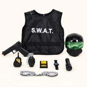 Set politist pentru copii S.W.A.T., cu cu vesta, masca cu viziera, pistol si accesorii de jucarie