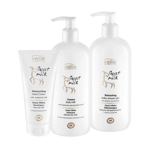 Set Vellie Cosmetics Goat Milk – Crema hidratanta de maini, 100 ml, Lapte de corp cremos, 500 ml si Gel de dus, 500 ml