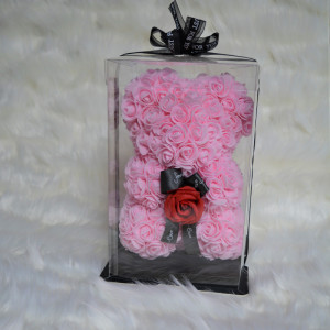 Ursulet floral roz cu trandafir rosu 25 cm, decorat manual, cutie cadou - Img 3